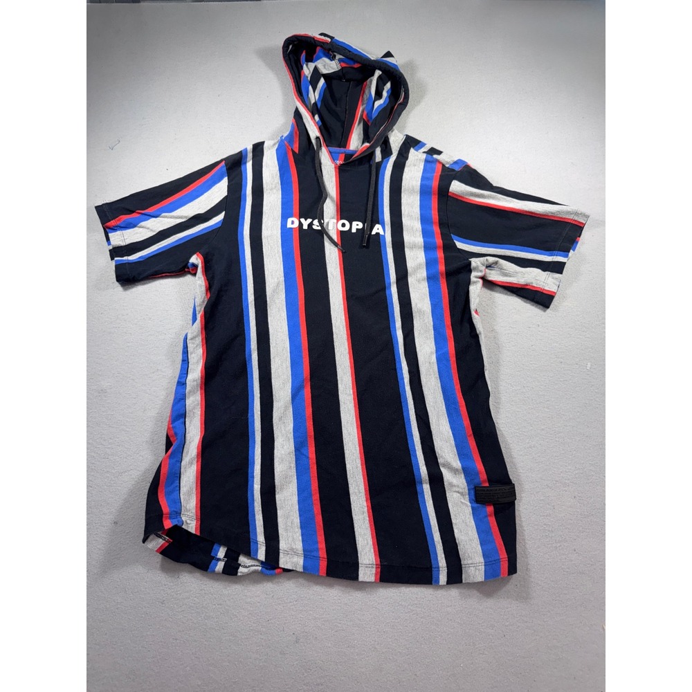 Vox Populi Dystopia Striped Short Sleeve Hoodie Mens Medium Black Blue Red